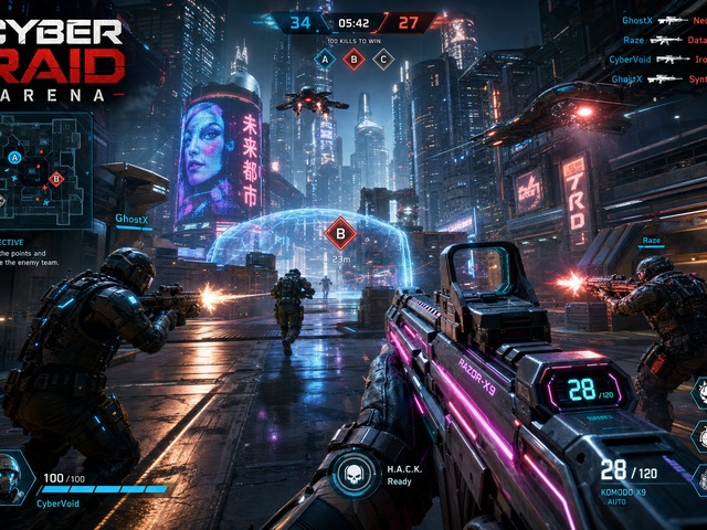 Cyber Raid Arena futuristik FPS oyun sahnesi
